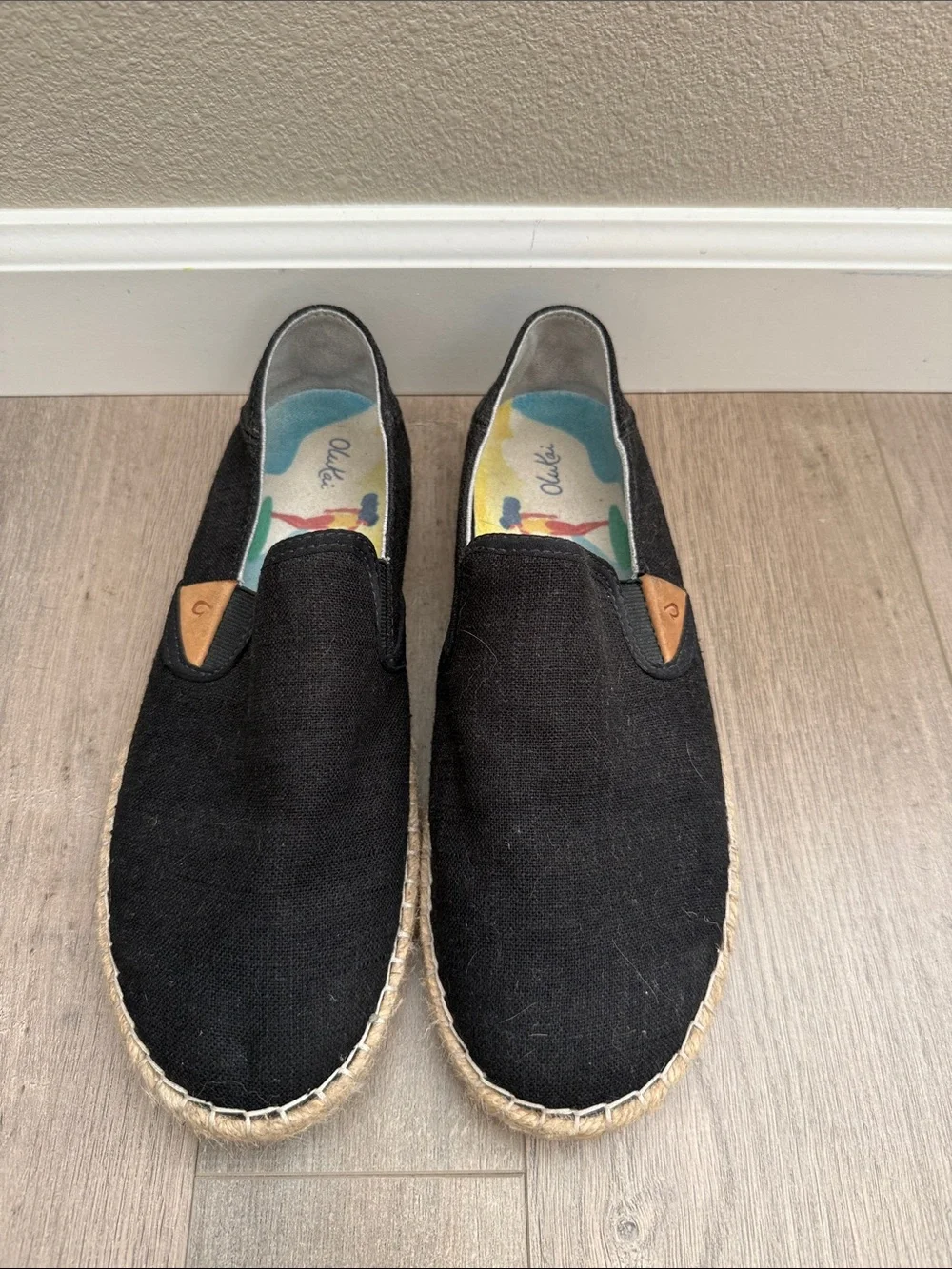 OluKai Women's Black Canvas Slip-On Espadrilles with Tan Accent